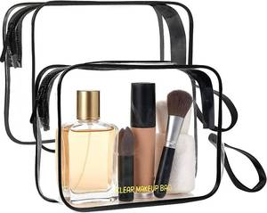 lot 22719 image: Icramsy Clear Makeup Bag,2 Pack TSA Approved Toiletry Bag Travel Toiletry Bag Hanging Makeup Cosmetic bag for Women Men (Black).