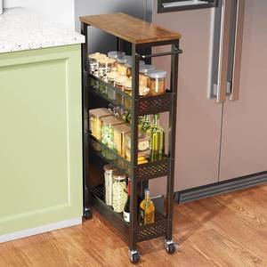 lot 22726 image: XYZLVSI Slim Storage Cart 4 Tier Narrow Kitchen Rolling Cart on Wheels for Small Space, Mobile Utility Cart Shelving Unit with Wooden Top and Metal Handle for Kitchen, Bathroom, Laundry Room
