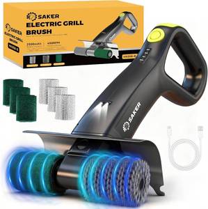 lot 22757 image: Saker Electric Grill Brush for Outdoor Grill, Bristle-Free Automatic Grill Cleaning Brush with 450 RPM & LED Light, Grill Rescue BBQ Brush Set with 3 Interchangeable Heads