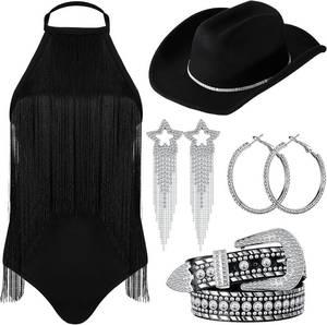 lot 22759 image: Maiteenly Western Rodeo Costume for Women Black Cowgirl Hat Rhinestone 70s 80s Disco Fringe Bodysuit Belt Necklace Earring Size XL