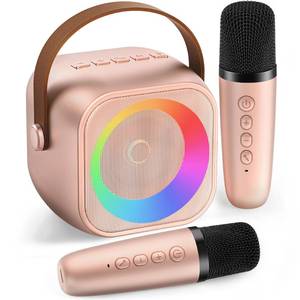 lot 58284 image: Mini Karaoke Machine, Portable Bluetooth Karaoke Speaker with 2 Wireless Microphones and Party Lights for Kids and Adults, Birthday Gifts for Girls Boys Family Home Party (Rose Gold) - Retail $20