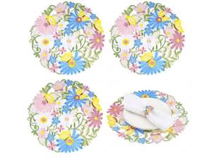 lot 58294 image: Spring Round Placemats Floral Embroidered Doilies Table Mats for Home Kitchen Dining Holiday Table Decoration (12 pieces 14 spring round table decor) - Retail $9