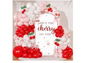 lot 58319 image: 6ft Cherry Coquette Arch Backdrop Cover for Girls, Pink Bow Shes The Cherry on Top Baby Shower Arch Covers, 2-Sided Round Top Chiara Coquette Theme Arch Decorations for Bridal Shower (no balloons) - Retail $20