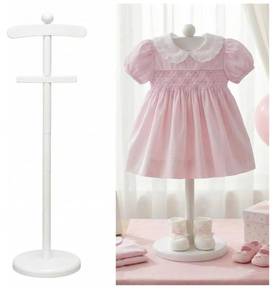 lot 58323 image: Baby Clothes Display Stand Wooden Baby Shower Centerpiece Adjustable Height Circle Shaped Dress Hanger Doll Dress and Outfit Stand Rack Hand Assembled Hangers Display Set (White Color,4 Pack) - Retail $25
