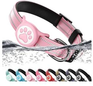 lot 58324 image: Airtag Dog Collar, Reflective Ultra-Durable Nylon Padded with QR Code Buckle & IP68 Waterproof Air Tag Holder Compatible for Apple AirTag, Comfortable for Small Medium Large Dogs(Pink,S) - Retail $5