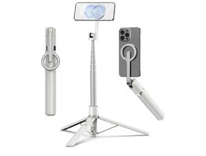 lot 58331 image: 68 Magnetic Selfie Stick Tripod with Aluminum Strong Magnetic Holder for Magsafe, 360° Rotatable Travel Phone Tripod Stand with Metal Ring & Rechargeable Remote for iPhoneAndroid(Beige Gray) - Retail $25