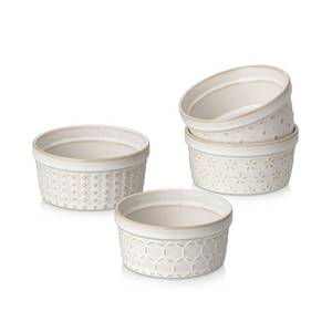 lot 58332 image: MALACASA Ramekins 4 Oz Oven Safe, Ceramic Creme Brulee Souffle Dishes, Pudding Custard Cups Ramekin For Baking, Small Dipping Sauce Bowls, Set of 4, Microwave and Dishwasher Safe  - Retail $20