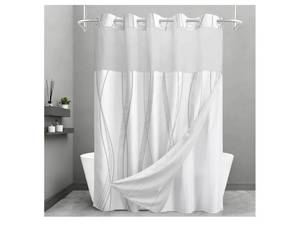 lot 58347 image: No Hook Shower Curtain and Liner Set, Grey Striped Shower Curtains with Snap in Fabric Liner, Hotel Ringless Waterproof Washable with See Through Top Window, 71 x 74 - Retail $18