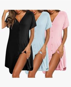 lot 58348 image: 3 Pack Womens Nightshirt Button Down Nightgown Short Sleeve Sleepshirt V Neck Pajama Dress with Pockets - Retail $35