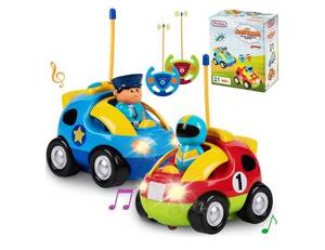 lot 58391 image: Cartoon Remote Control Cars for Toddlers - Police & Race Car Set (missing pieces) - Retail $29