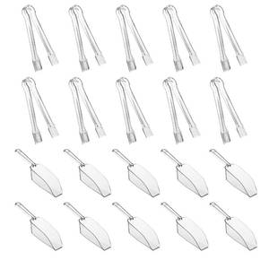 lot 58395 image: 20 Combo Pack,10 Pieces Plastic Serving Tongs Mini Kitchen Tongs Kitchen Tongs Utility and 10 Pieces Plastic Kitchen Scoops Clear Ice Scoop Mini Clear Buffet Scoop for Candy Dessert Buffet Ice - Retail $14