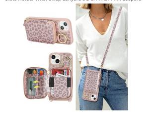lot 58407 image: Crossbody Wallet Case for iPhone 13, PU Leather Zipper Handbag Purse Flip Cover, Kickstand Folio Case with Card Slots Holder Wrist Strap Lanyard 5G 6.1 Inch-Pink Leopard - Retail $18