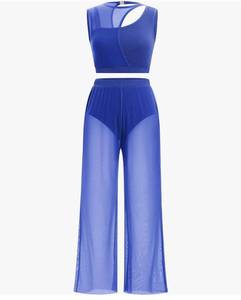 lot 58410 image: Women Lyrical Dance Costumes Two Piece Outfit Tank Crop Tops with Mesh Wide Leg Pants Set (xs) - Retail $25