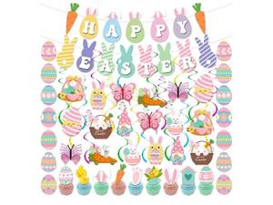 lot 58428 image: Easter Decorations for Home Happy Easter Banner with Carrot, Egg Bunny Garland Butterfly Hanging Swirl and Cupcake Toppers for Home Party Office School Spring Holiday Celebrations - Retail $4