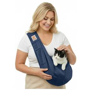 lot 58439 image: Small Dog Cat Sling Carrier Puppy Purse Travel Wrap Soft Crossbody Pet Bag (Dark Blue, M - Classic Pocket & Classic Strap) - Retail $22