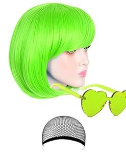 lot 58452 image: 4 Pack Green Wigs Neon Colorful Wig Short Bob Hair Neon Fun Party Wigs Costume Wig with Heart Sunglasses - Retail $25