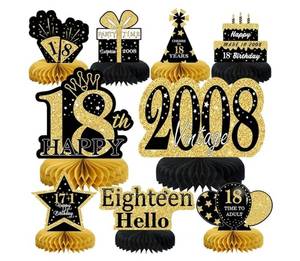 lot 58464 image: 9Pcs Black Gold 18th Birthday Decorations Honeycomb Centerpieces for Boys Girls, Happy 18th Birthday Centerpieces Tables Toppers Party Decorations Supplies, Vintage 2008 Aged Table Sign Decor - Retail $10