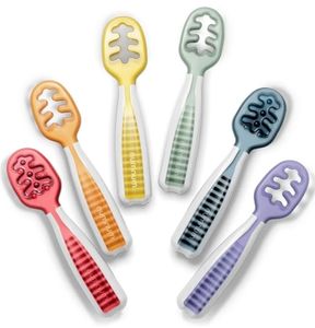lot 58479 image: Baby Spoons Set, Baby Essentials Pre-Spoon GOOtensils for 6 Months, First Stage Self-Feeding Spoons for Baby Led Weaning (BLW), Silicone Toddler Utensils, BPA-Free, 6 Pack Rainbow - Retail $28