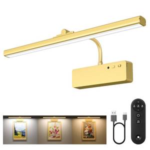 lot 58490 image: Picture Light, 15.35inch Wireless Picture Lights for Wall Rechargeable, 5400mAh Battery Wall Light with Remote, 3 Color Art Lighting for Paintings with Timer and Dimmable for Display, Gallery (Gold) - Retail $21