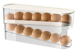 lot 58492 image: Auto Rolling Egg Holder for Fridge, Egg DispenserOrganizerStorageContainer with Lid for Refrigerator, Sturdy and Durable Space-Saving Egg Tray - Retail $12
