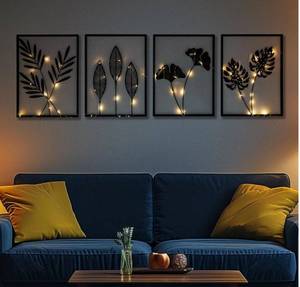 lot 58499 image: Metal Wall Art with Light Strips, Black Frame Wall Decor,3D Metal Wall Ginkgo Decor with Lamp, Modern Room Decor Rustic Farmhouse Wall Decor for Living Room Bedroom Kitchen Office. - Retail $39
