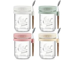 lot 58505 image: 4 Pack Overnight Oats Containers with Lids and Spoons, 16 oz Glass Mason Jars with Airtight Lids, Overnight Oats Jars for Milk, Cereal, Fruit. - Retail $20