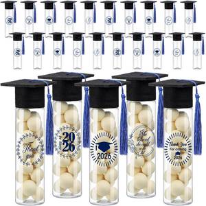 lot 732 image: Teenyyou 25 Pcs Graduation Candy Tubes 2026 Graduation Party Favors Candy Boxes Plastic Grad Cap Jars Container with Tassels and Stickers for DIY Grad Table Party Favors (Blue) - Retail $26