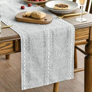 lot 733 image: Artoid Mode Grey Rustic Cotton Linen Table Runner, Seasonal Embroidered Hollow Kitchen Dining Table Decoration for Home Party Decor 13x72 Inch - Retail $12