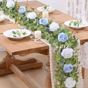 lot 739 image: Waipfaru 2Pcs Artificial Eucalyptus Garland with Flowers, 6.07FT Fake Rose Greenery Floral Vines for Wedding Table Backdrop Party Centerpiece Room Decor (Blue) - Retail $17