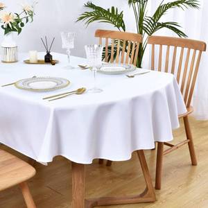 lot 740 image: Wolkemer Oval Tablecloth 60 x 84 Inch Washable Fabric Table Cloth Solid White Table Cover for Dining Wedding Party Banquet Tabletop Decoration - Retail $17