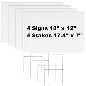 lot 750 image: Newflager 4 Pack 18 x 12 Inches White Corrugated Plastic Yard Sign with Metal Stakes for Birthday, Real Estate Garage Sale Signs, Rent, Guidepost Decorations - Retail $13