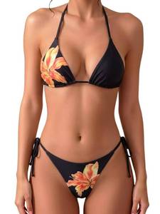 lot 768 image: MakeMeChic Womens Polka Dots Triangle Thong Bikini Sets Floral Cute Bathing Suit Swimsuits Black Flower Small - Retail $26