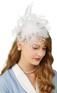 lot 781 image: Cizoe Fascinators Hat for Women Tea Party Headband Kentucky Derby Wedding Flower Cocktail Mesh Feathers Hair Clip(1-White) - Retail $10