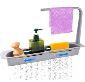 lot 792 image: NiHome Telescopic Kitchen Over Sink Organizer with Towel Hanger, Expandable Slim Drain Basket Multifunctional Caddy Adjustable Length Colander Rack Sponge Holder Storage Tray for Home Bathroom (Grey) - Retail $0