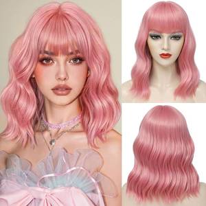 lot 802 image: Beelu Pink Bob Wig with Bangs for Women Pastel Short Bob Wig Light Pink Loose Wavy Shoulder Length Synthetic Colorful Halloween Costume Wigs for Girl Daily Use - Retail $20