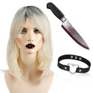 lot 805 image: WinnerWhy 3 Pcs Halloween Short Blonde Wig Fake Knife with Fake Blood Prop Love Heart Adjustable Punk Necklace for Halloween Costume Cosplay - Retail $16