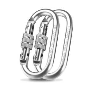 lot 808 image: EMEKIAN 2 Pack Oval Indoor Outdoor Climbing Carabiner, Screw Locking Heavy Duty Safety Caribeener Clips, 25 KN (5600 LBS) for Hammock, Rope, Hiking, Camping - Retail $14