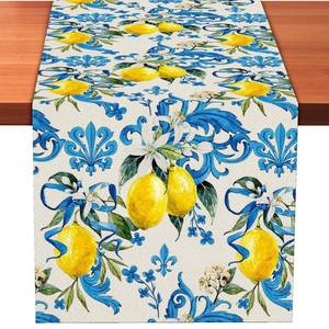 lot 809 image: Blue Lemon Table Runner 13 x 72 Inch �� Mediterranean Summer Table Decor for Kitchen Dining, Rustic Farmhouse Table Linen for Spring Party, Italian Style Fruit Table Cloth for Home and Outdoor - Retail $8