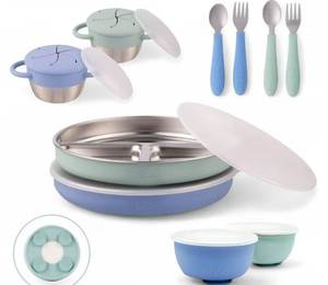 lot 810 image: Elk and Friends Kids Stainless Steel Mealtime Bundle  Plates, Bowls, Snack Cups  Toddler Utensils  Silicone Suction Sleeves  Travel Storage Lids  For Meals  Snacks  Dishwasher Safe - Retail $60
