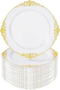 lot 836 image: Nervure 100Pcs White and Gold Plastic Plates - 7.5inch Gold Disposable Plates - Heavyweight Plastic Dessert Plate for Wedding & Party - Retail $38