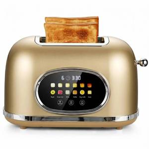 lot 840 image: PRE OWNED POWERS ON Roter Mond 2 Slice Toaster Smart Touch Screen, Retro Stainless Steel Bread Toaster with Digital Timer, Sleep Mode, Bagel, Cancel, and Defrost Functions, 6 Bread Types and Shade Settings, Gold - Retail $60