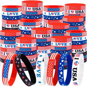 lot 841 image: Moon Boat 144PCS 4thFourth of July Accessories Party Favors Patriotic Silicone Rubber Bracelets Bulk USA Flag Wristbands American Memorial Day Decorations Gifts Supplies - Retail $24