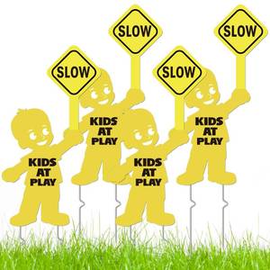 lot 849 image: 3Pack Slow Down Kids at Play Signs for Street 16 x 12 Inches Double Sided Children Playing Safety Sign with Metal Stake Neighborhood Street Caution Yard Signs - Retail $24