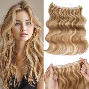 lot 851 image: Prokyvity Halo Hair Extensions Real Human Hair,Halo Hair Extension 100% Human Hair,Wire Hair Extensions,Wavy 12P613 Golden Brown Mixed Bleach Blonde 65g16inch - Retail $80