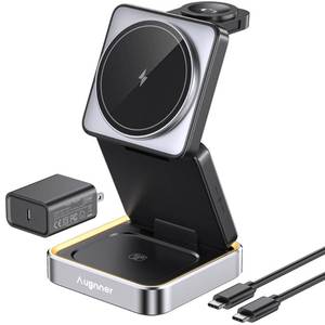 lot 853 image: ��2026 Upgraded�� Wireless Charger 3 in 1, Foldable Wireless Charging Station with Light for Apple Magnetic Charger, Travel Magnetic Charger Stand, Nightstand Fast 15W Charging Station (20W Adapter) - Retail $38