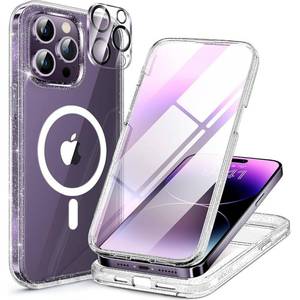 lot 859 image: Miracase Magnetic for iPhone 14 Pro Case 6.1 inch, (Compatible with MagSafe) Upgrade Full-Body Clear Phone Bumper Case with Built-in 9H Tempered Glass Screen Protector, Magnetic Glitter Clear - Retail $24