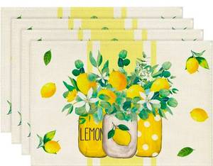 lot 869 image: Artoid Mode Yellow Stripes Vase Lemon Summer Placemats Set of 4, 12x18 Inch Seasonal Spring Table Mats for Party Kitchen Dining Decoration - Retail $0