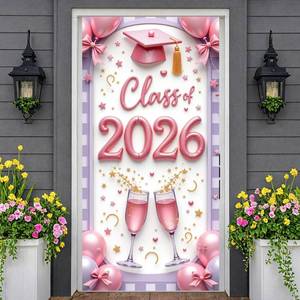 lot 899 image: Graduation Door Cover Decorations Graduation Banner Class of 2026 Congrats Grad Pink Grad Cap Champagne Banner Front Door Porch Sign Hanging Decor for Indoor Outdoor Party Supplies - Retail $4