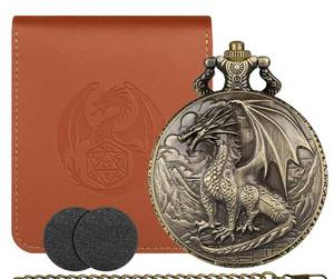 lot 909 image: Mini D&D Dice Set with Steampunk Red Dragon Pocket Watch Shell Case, Bronze - Retail $15