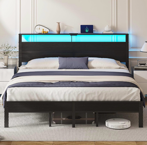 lot 18810 image: King Size Bed Frame with LED Lights & Charging Station, Black Metal Platform Bed with Wood Headboard and Sturdy Slats, No Box Spring Needed - Retail $179